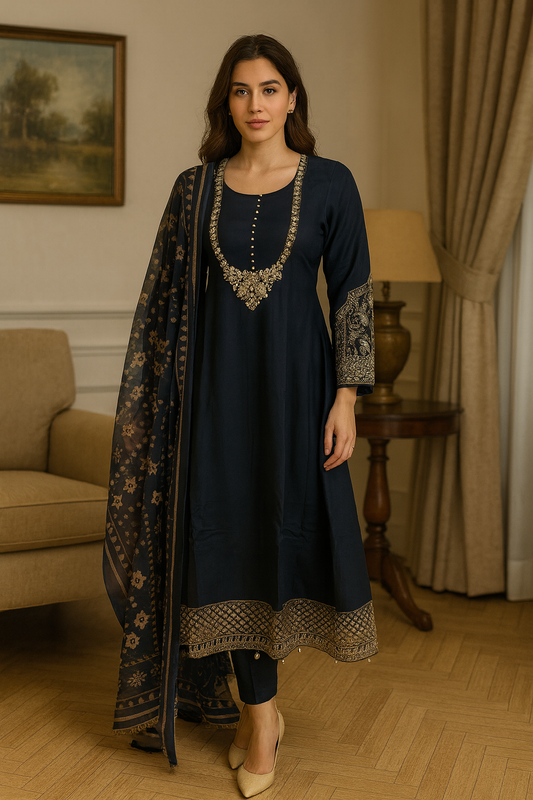 Brit Posh 3 piece linen _81042 Pakistani ladies suit Black B232