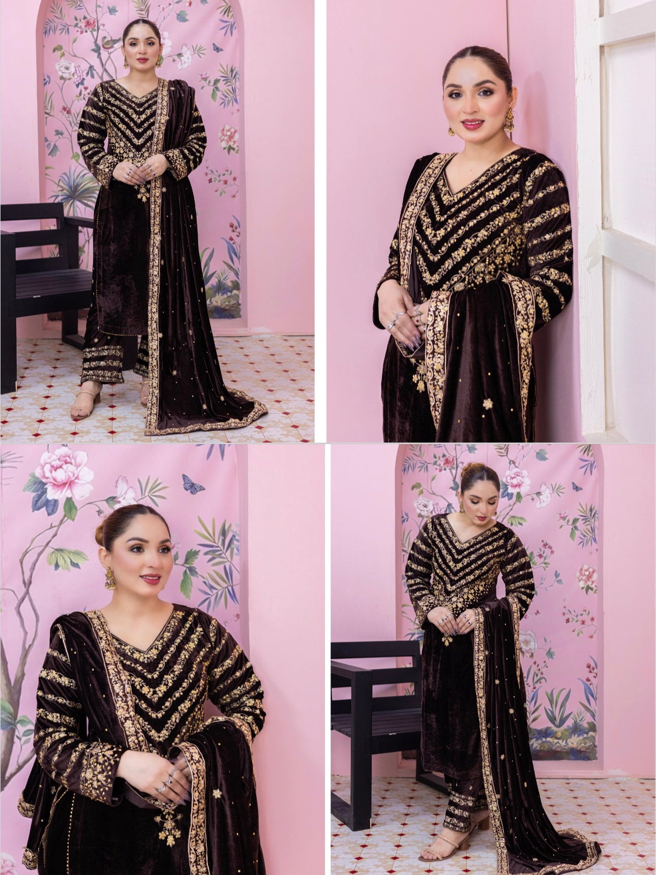 Brit 3 piece luxury Valvet_81042 Pakistani ladies suit brown WITH CHIFFON DUPATA B291