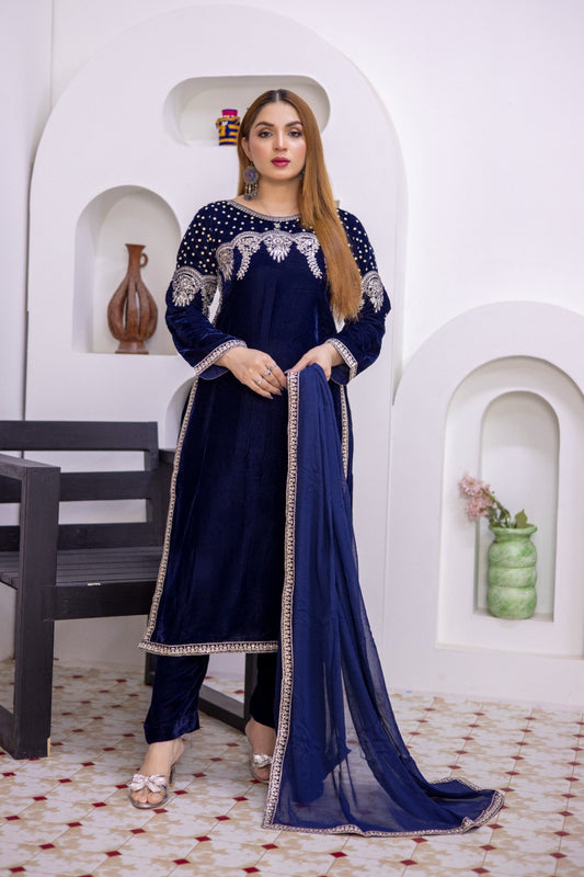Brit 3 piece luxury Valvet_81042 Pakistani ladies suit Navy B299